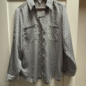 Women’s Black and White Patterned Art Deco Blouse by Express